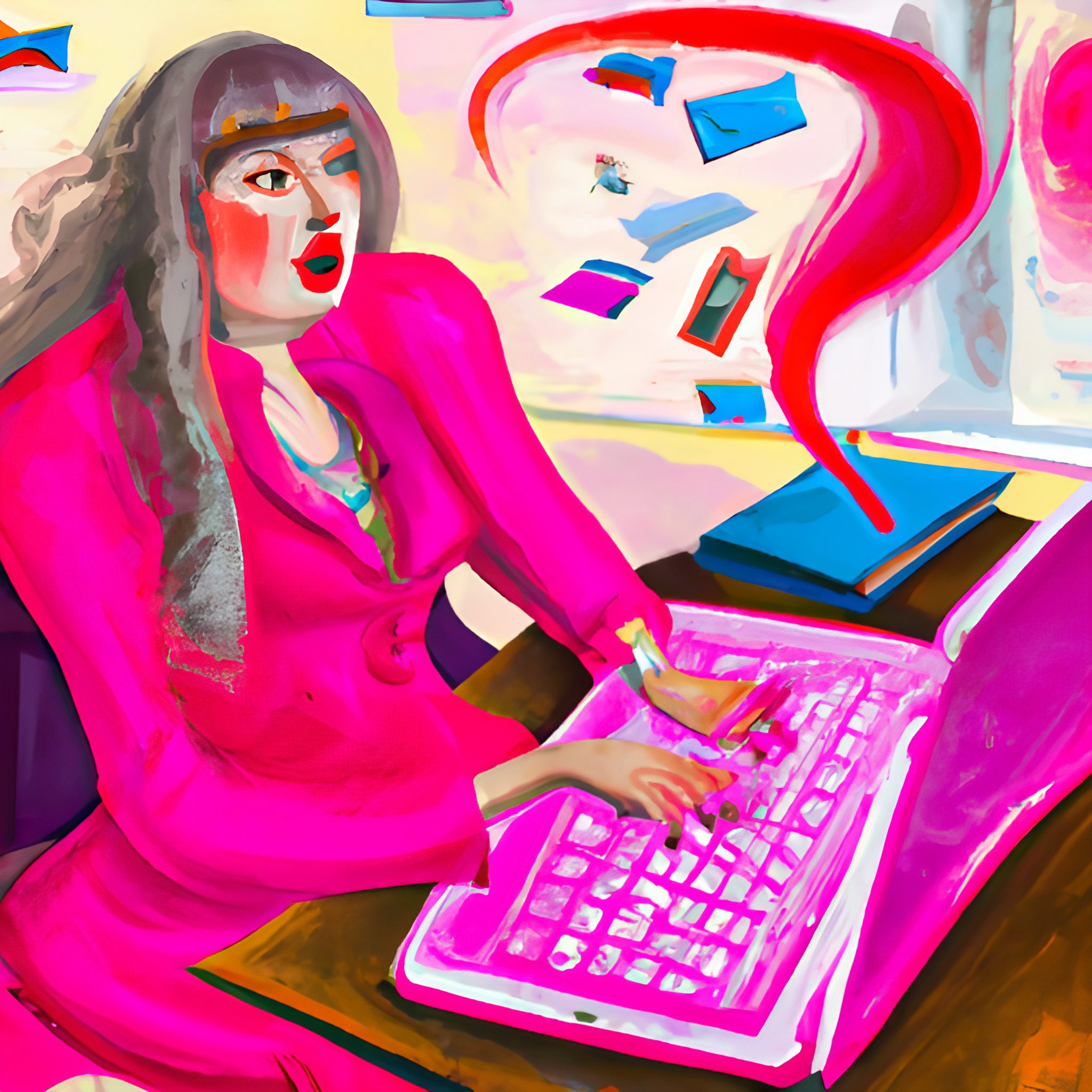 illustration of a woman in pink working on a laptop