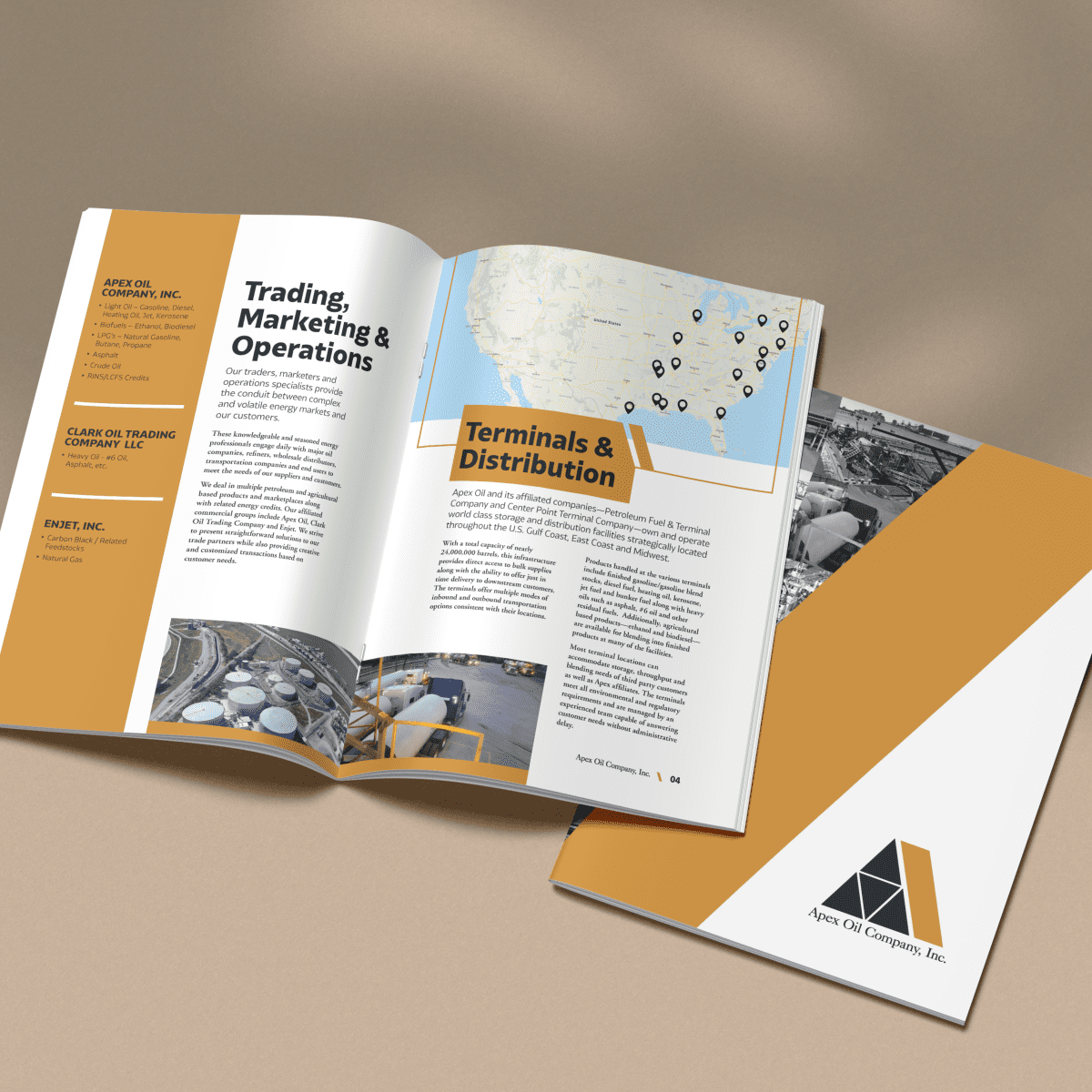 Mockup showing the marketing booklet for Apex Oil company
