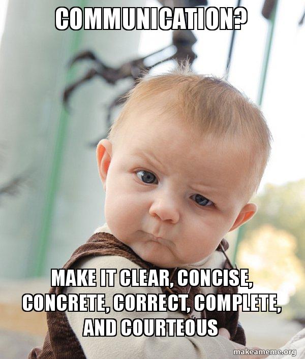 a baby with a raised eyebrow meme about clear communication