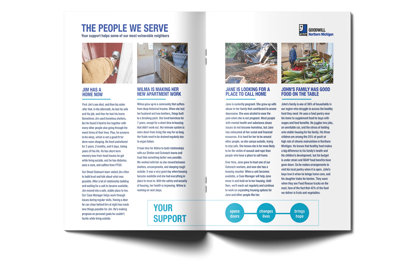 Spread from the annual report showing stories from neighbors in need