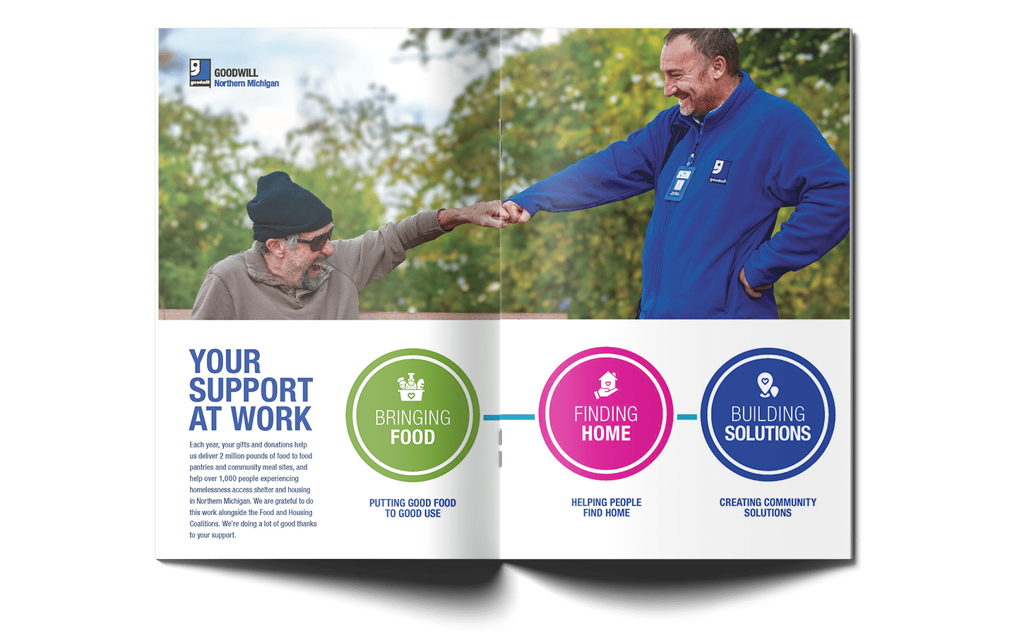 Spread from the Goodwill annual report showing three key pillar areas