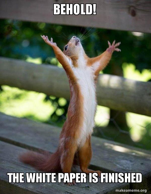squirrel meme with arms outstretched with text saying Behold The White Paper is Finished