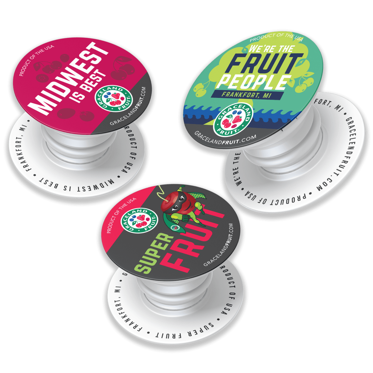 Three custom PopSockets designed to promote Graceland Fruit