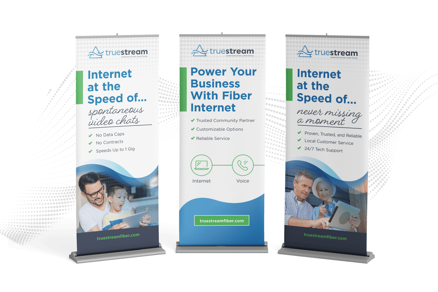 three stand up banners produced for Truestream internet