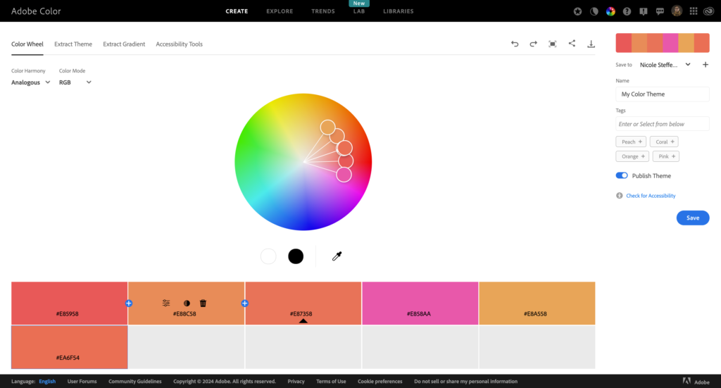 Adobe Color integrates with Adobe CC to create color palettes