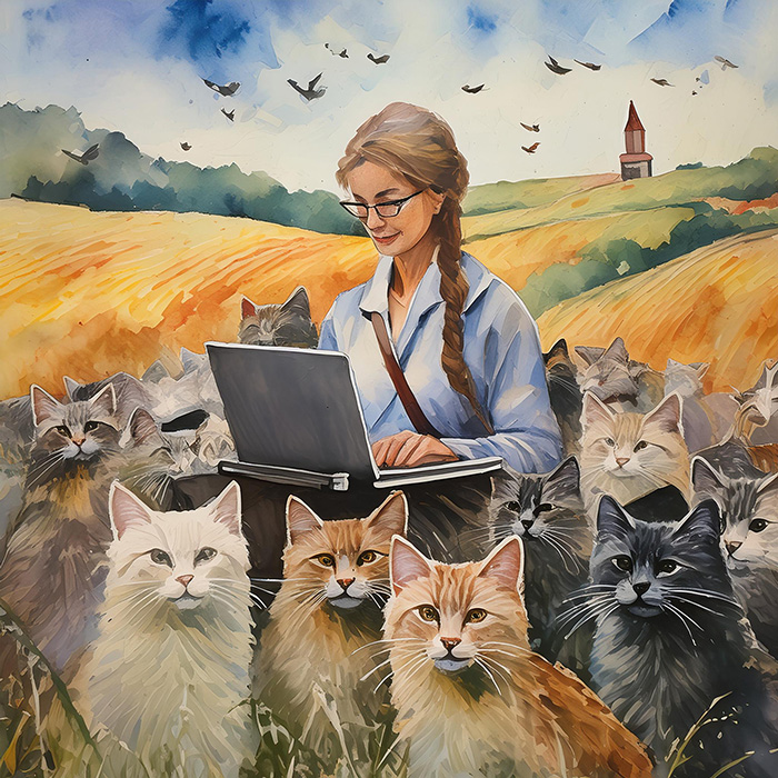 hero image watercolor of woman with computer trying to herd cats