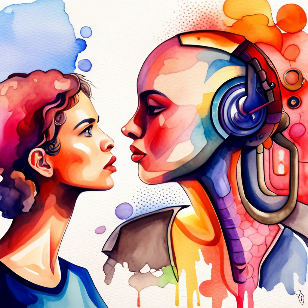 a watercolor painting of a human and robot face to face against each other