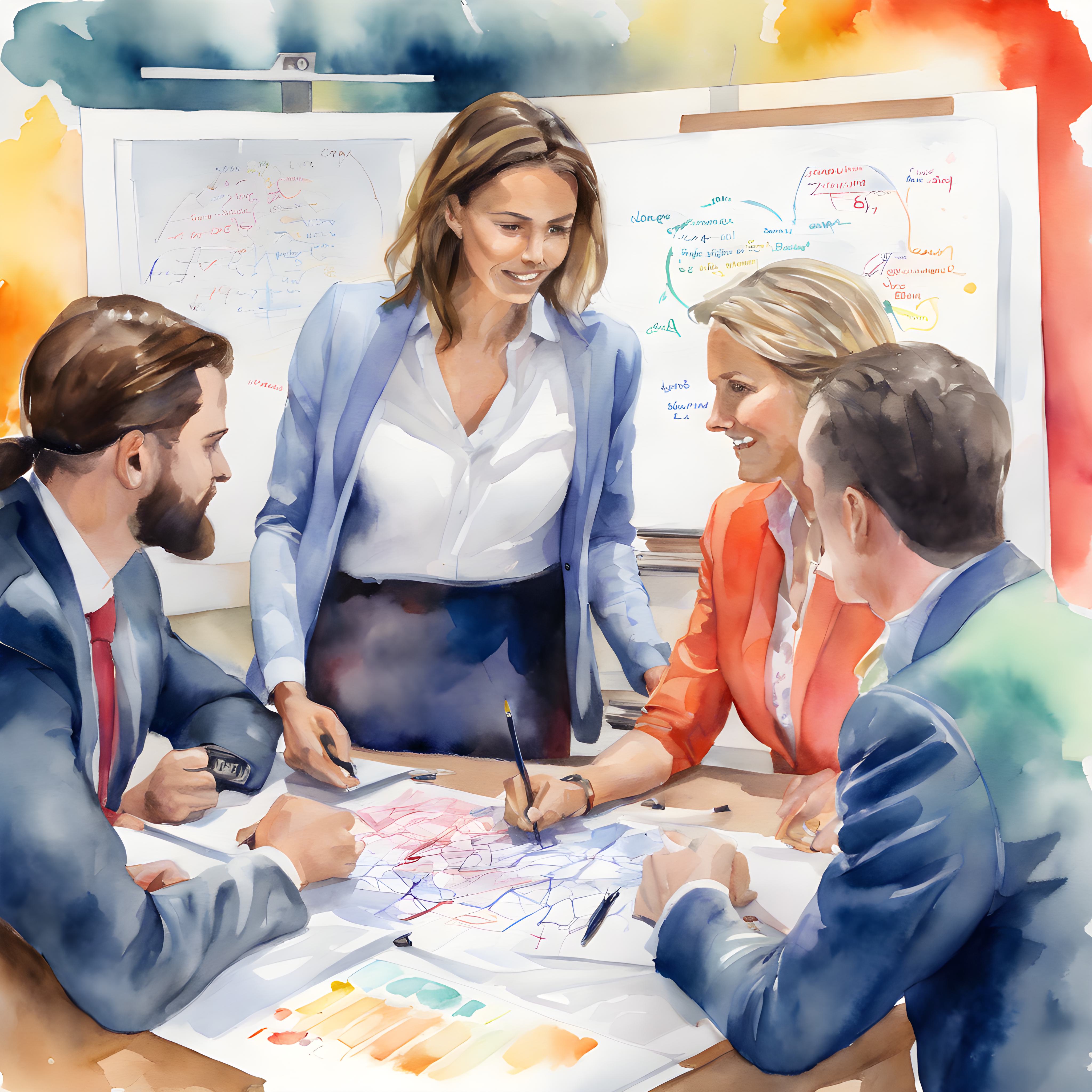 a watercolor painting of a fractional creative director talking to teammates