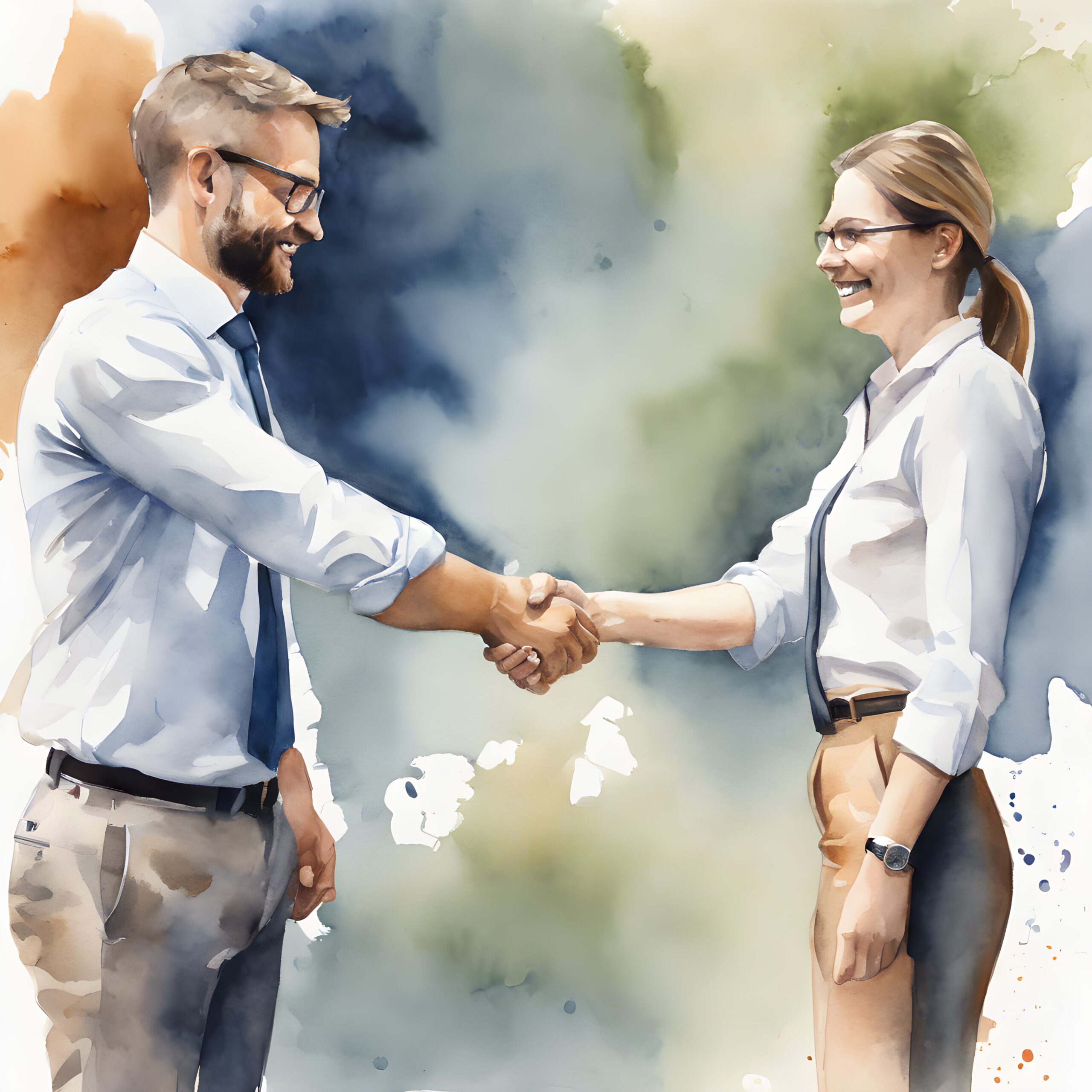 a man and woman shaking hands representing sales and marketing teams breaking silos