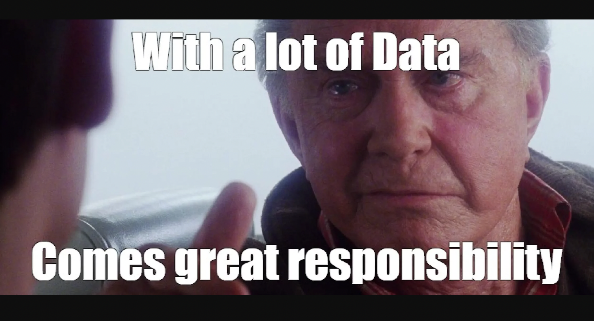 uncle ben meme from spiderman - text says "with a lot of data comes great responsibility" a metaphor for using AI in B2B marketing ethically