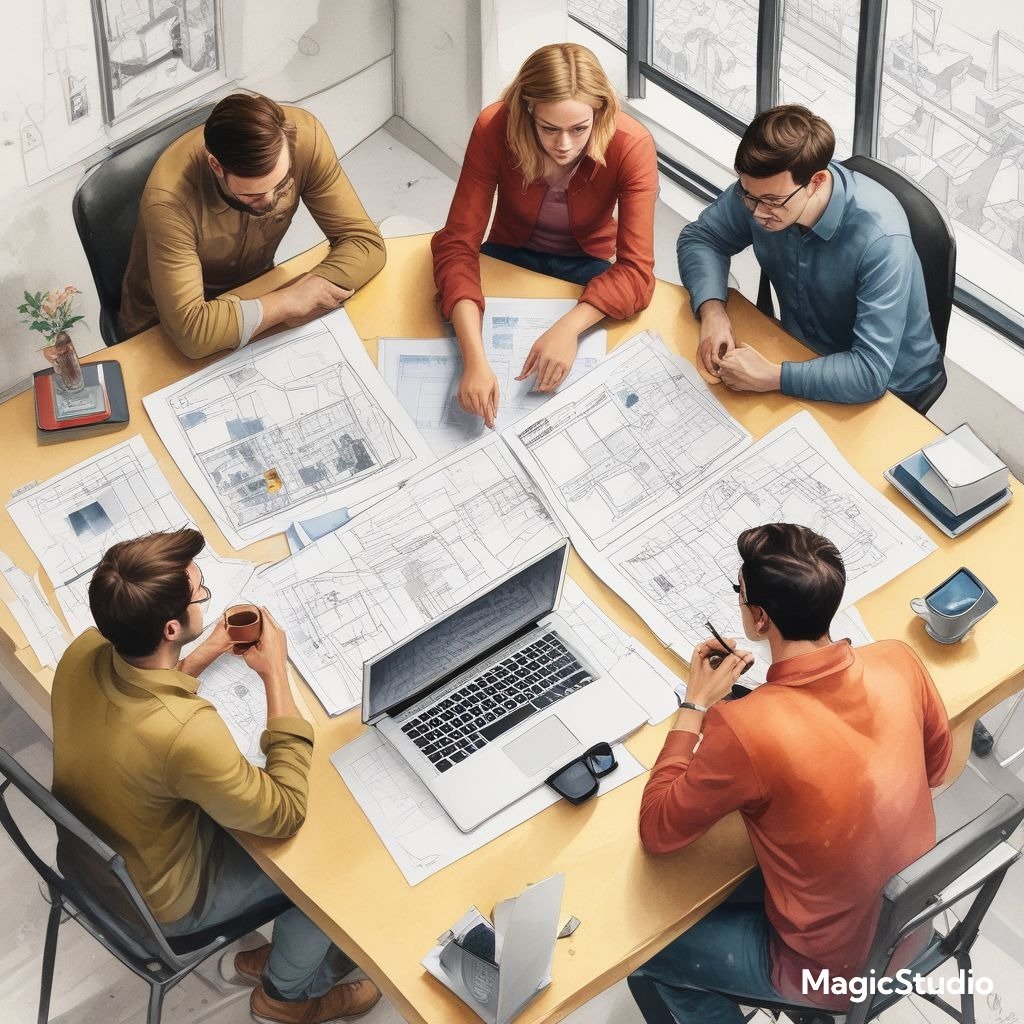 How to Build a Design System That Works and Your Team Will Love ai watercolor image showing a team around a table creating a good design system