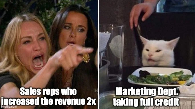 meme about sales and marketing fighting - one is a set of two women while the other is of a cat dining