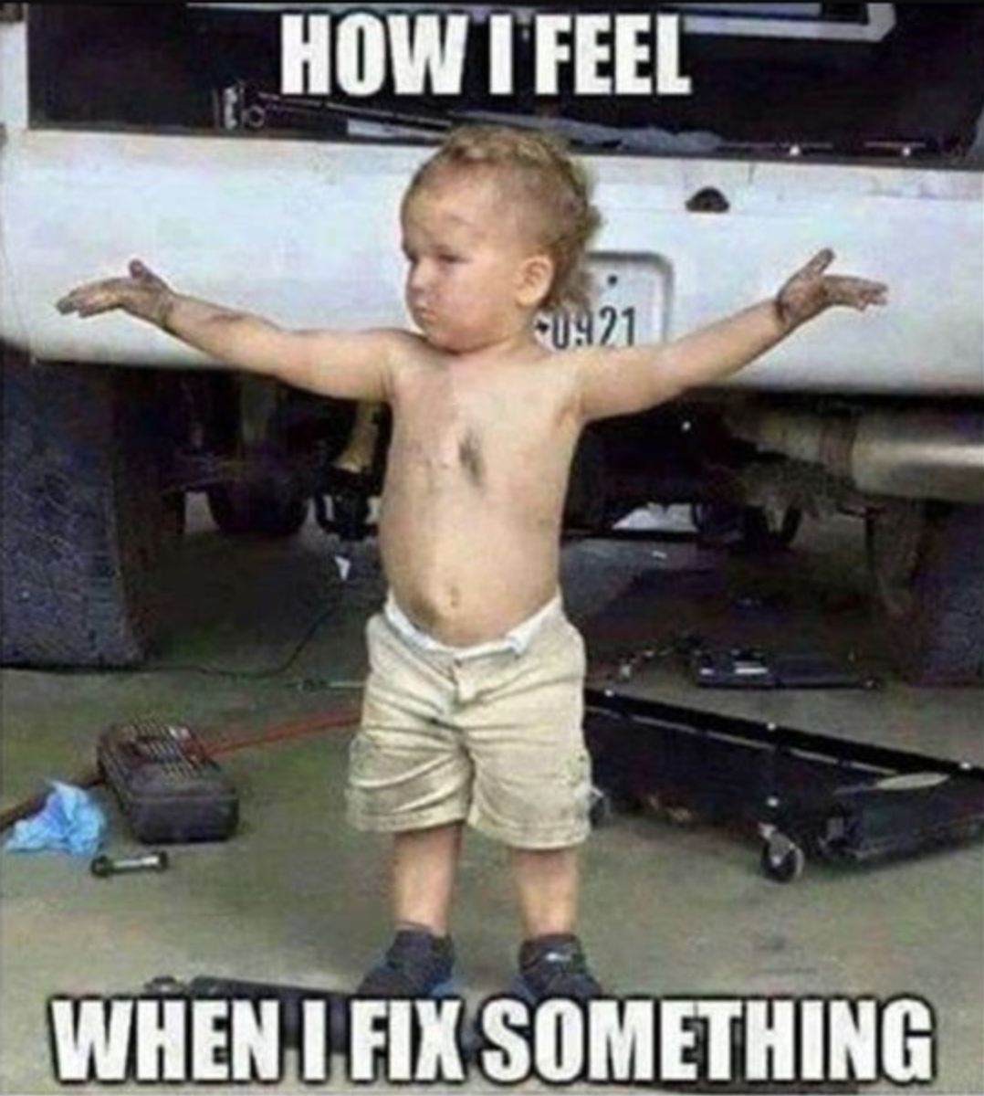 Meme of a child with arms outstretched looking proud with text "How I feel when I fix something."