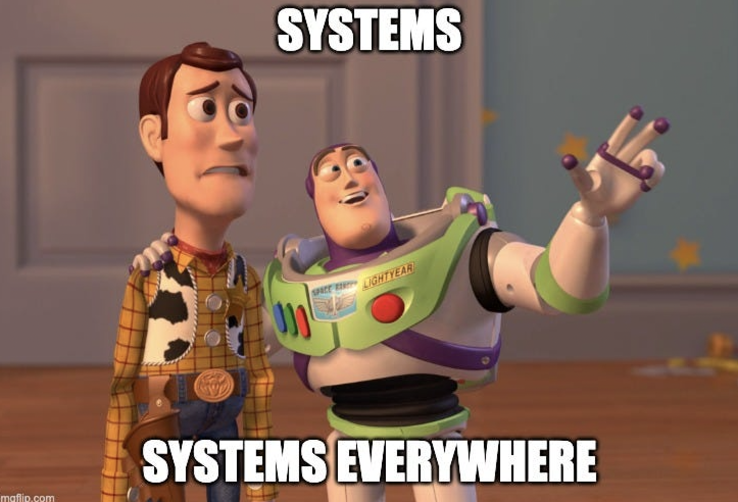 Woody and Buzz meme with text "Systems, Systems Everywhere" referring to client journey organization.