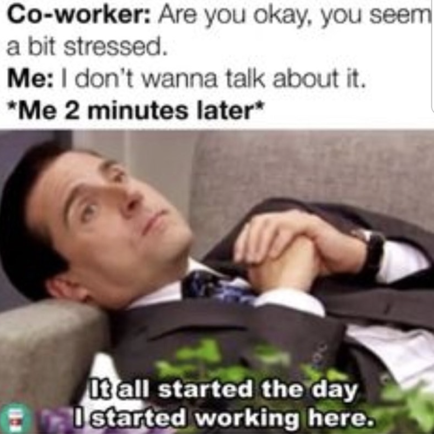 Michael Scott from The Office lying down in a sofa lamenting about his office life