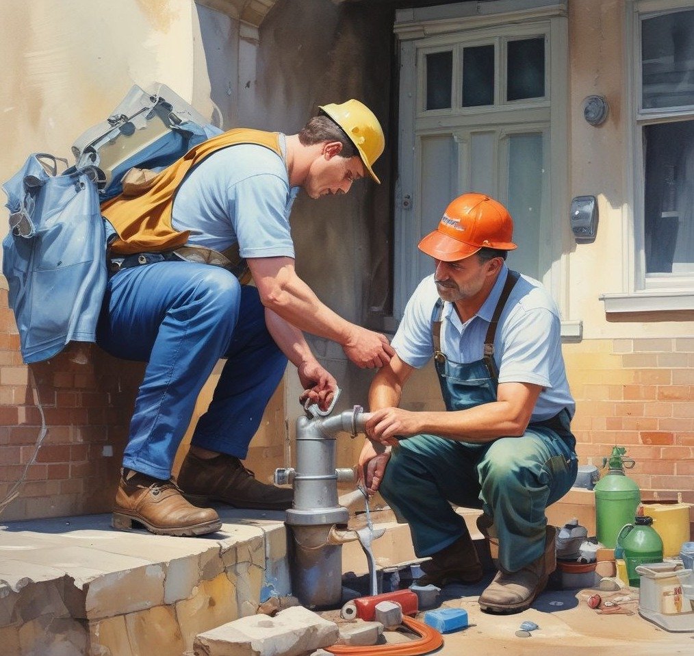 AI watercolor image of two farmers fixing a leaking pipe representing a client journey audit.