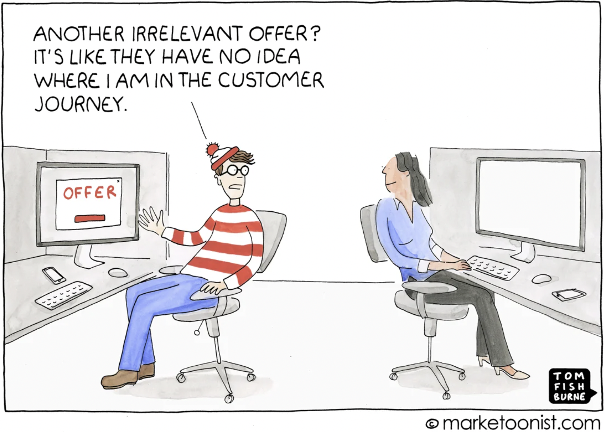 Comic meme of a Waldo talking to another employee saying "Another irrelevant offer? It's like they have no idea where I am in the customer journey."