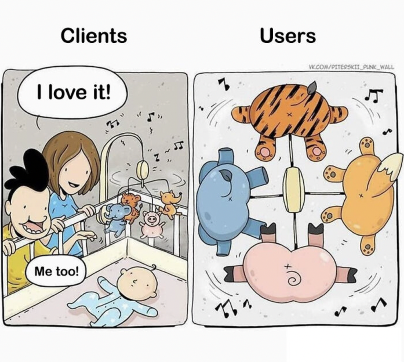 Cartoon showing two panels, one of parents happy while looking at their baby and their new toy, and the baby as the user, looking up at the animal butts from its point of view.